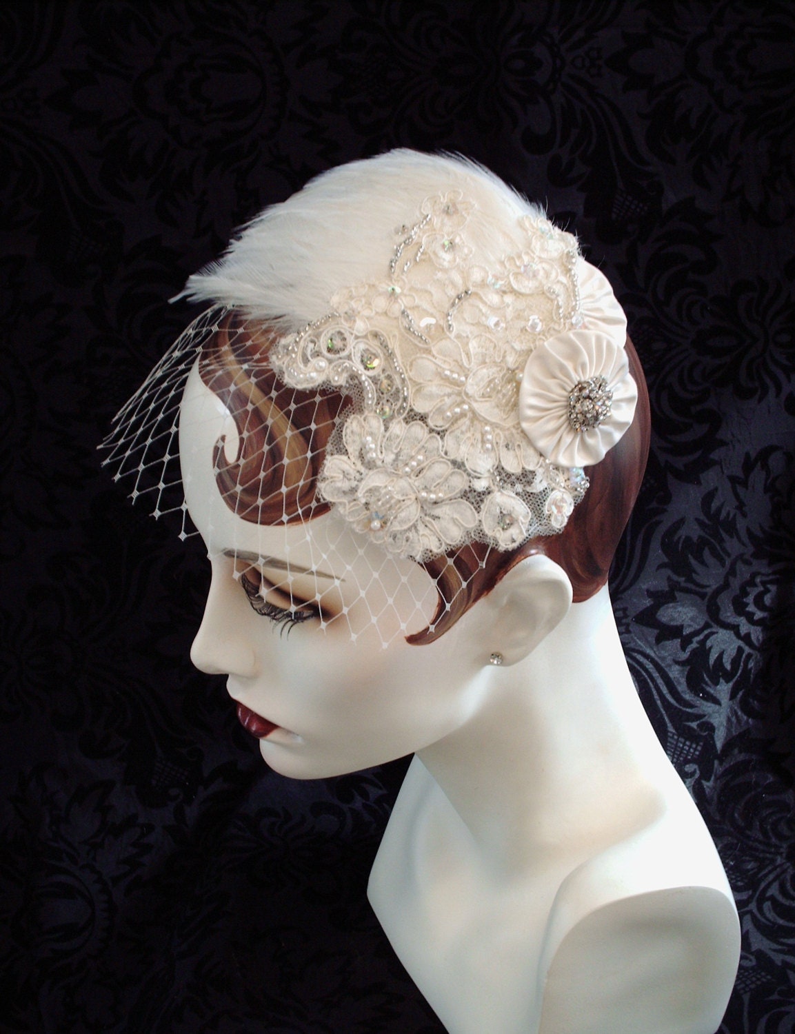 1920's Flapper Headpiece, Wedding Flapper Style Ivory Feather Fascinator, Art Deco Lace Headpiece, Veil, Russian Netting Veil, Retro Wedding