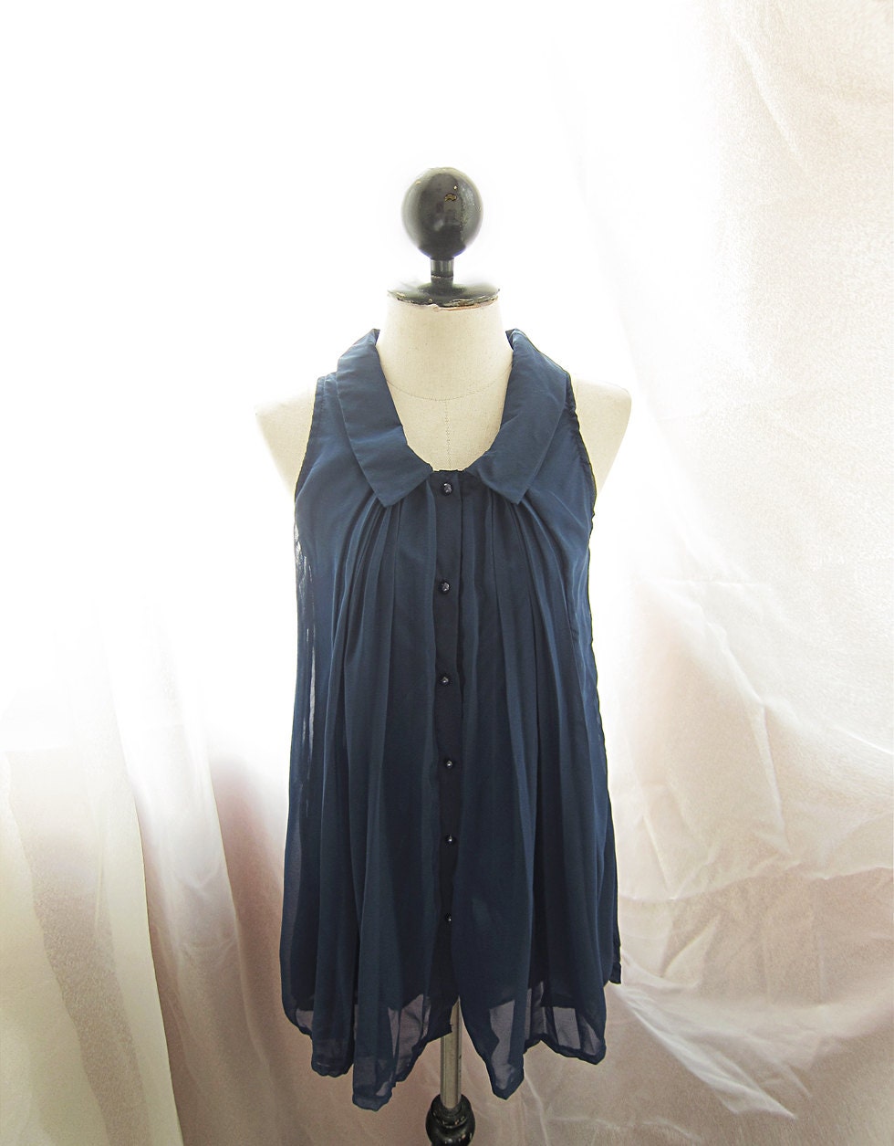Mad Men Classy Freedom Navy Blue Scandinavia 1950s Era Vintage Inspired Sophisticated Mademoiselle Flair Flowy Dress y Chiffon Tunic Top