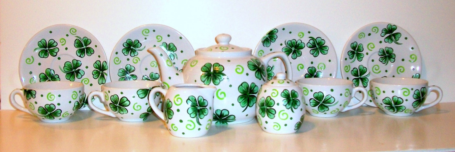 Shamrocks,Four Leaf Clover Handpainted 11 Piece Set / 1 Teapot, 4 6oz. Cups,4 Saucercers,1Sugar Bowl with lid,1 Creamer