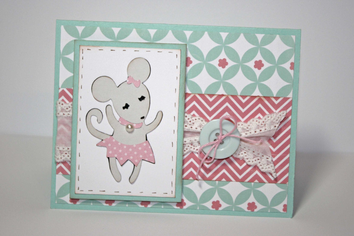 Ballet Greeting card - Mouse ballerina card - Aqua and Pink for a little girl