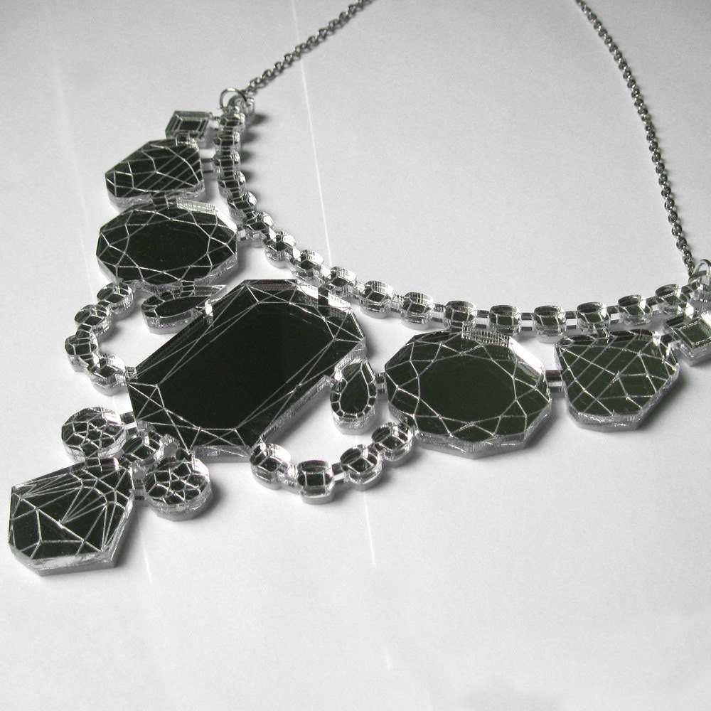 Mirror Laser Cut Statement Necklace - Bib Engraved Geometric Jewels Silver Acrylic Prom Jewelry