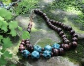 Wooden Beaded Necklace and Earrings with Blue Ceramic Beads, 2 strands, 17 inches, neutrals