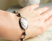 Rose Cameo Bracelet, White and Mauve Purple, Chocolate Brown Pearls, Floral Accessories, Flowers, Shabby Chic Spring, Vintage Style Jewelry
