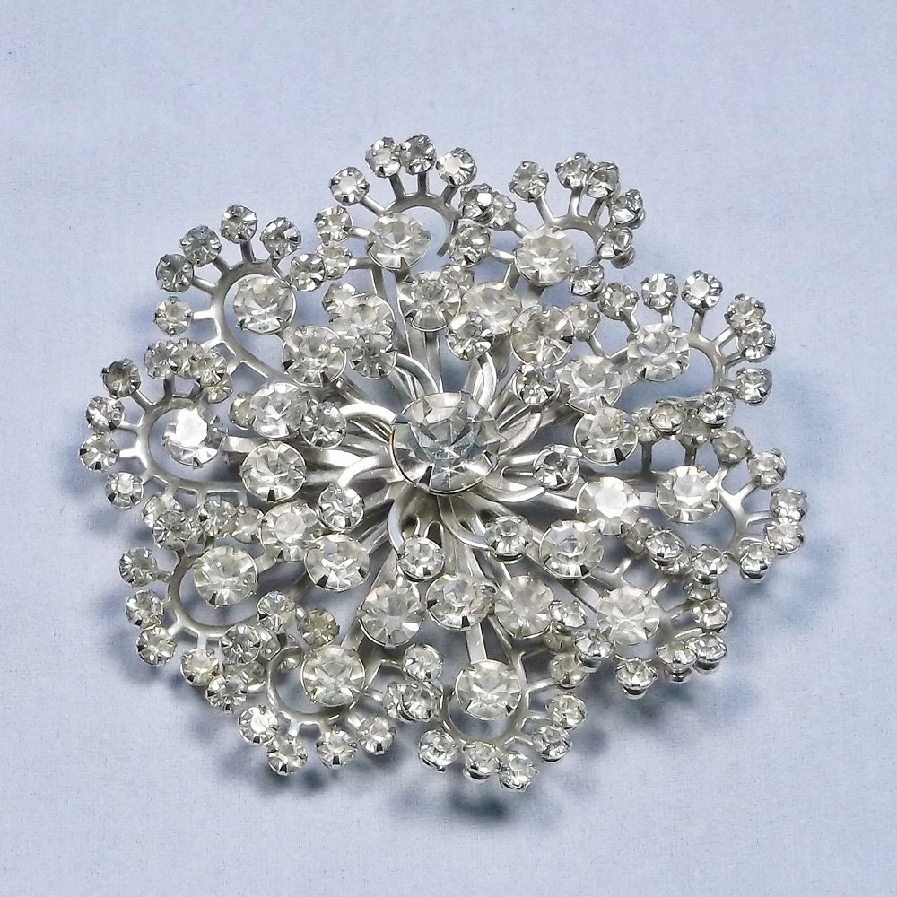 Vintage Rhinestone Brooch Large Flower Layered