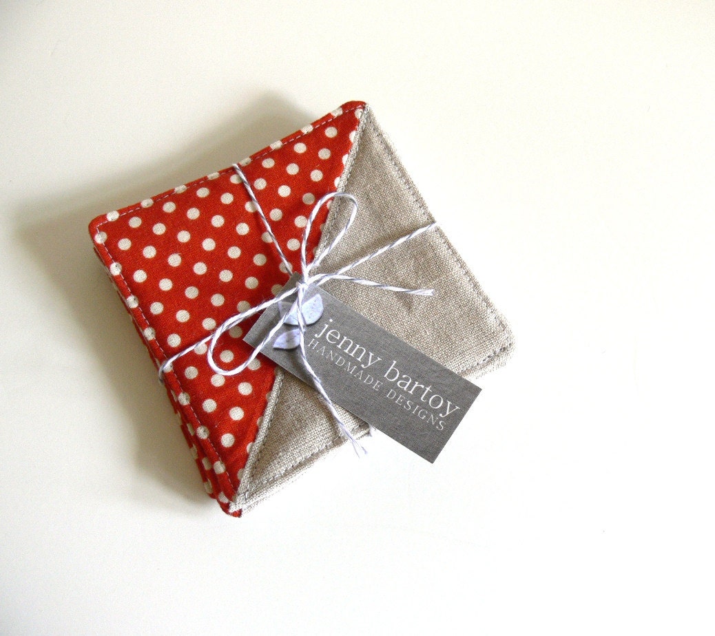 Coasters, Set of 4 - Linen and White Dot on Burnt Orange - Ready to ship