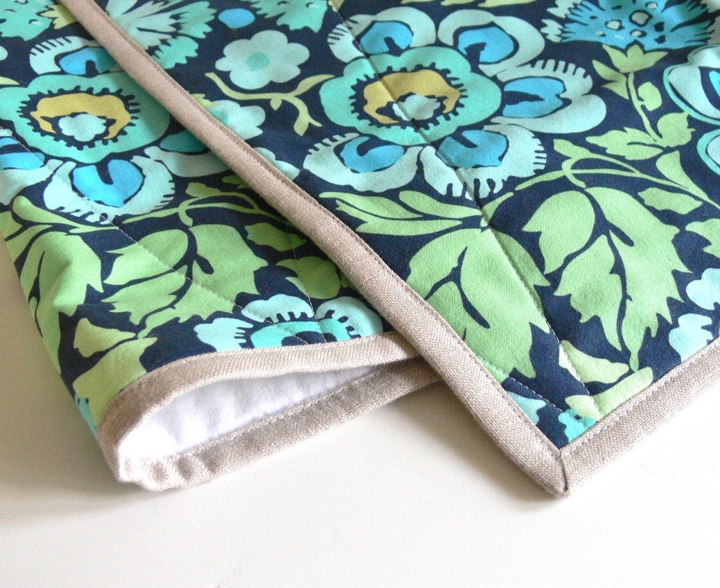 Quilted Table Runner with Natural Linen Binding -- Navy, Aqua, Yellow, Green Floral
