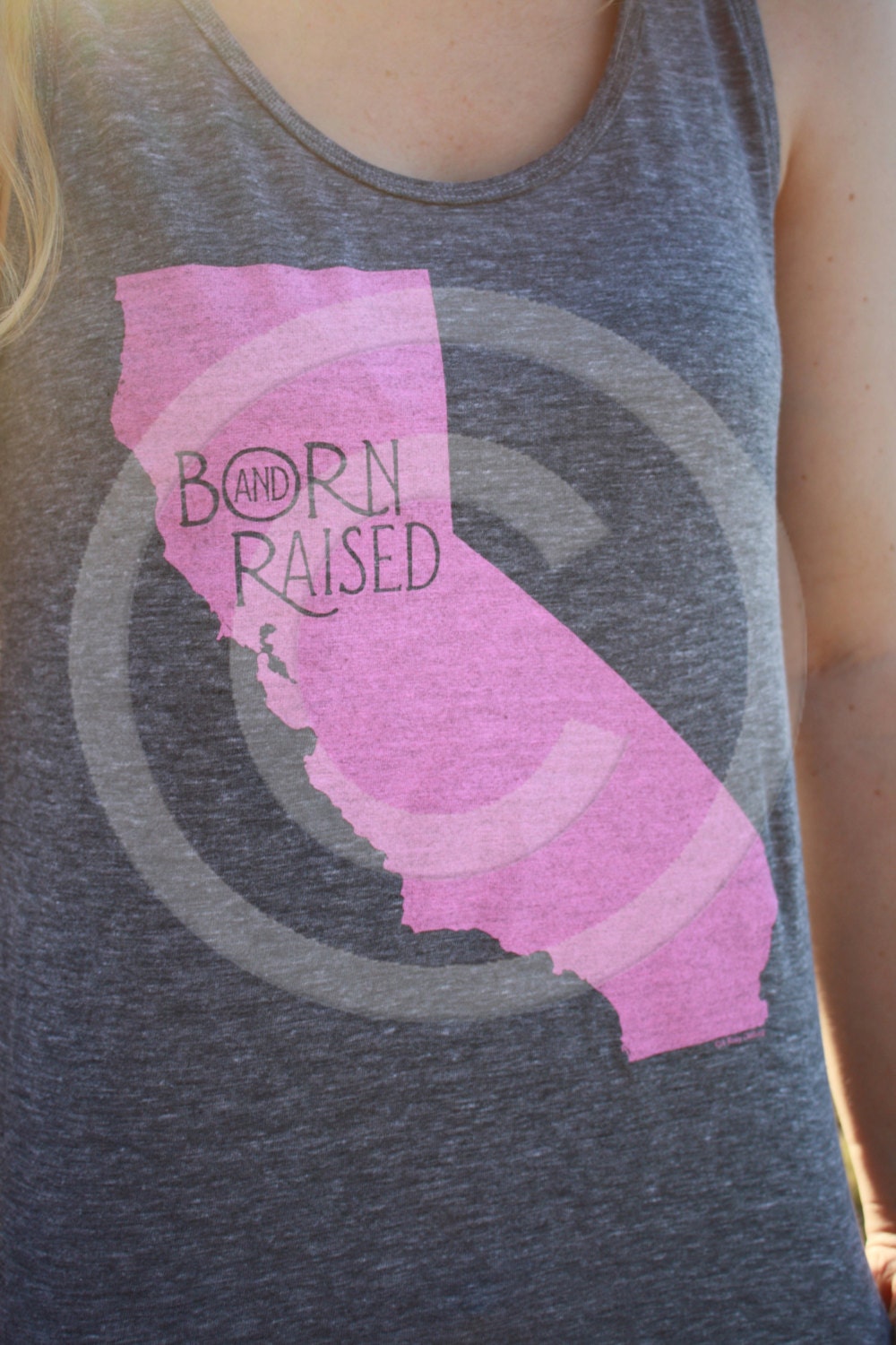 CALIFORNIA LARGE Born & Raised Tank, Native Home Cali Pride top, Pink on Grey American Apparel Women's Proud Tee, Unisex Adult