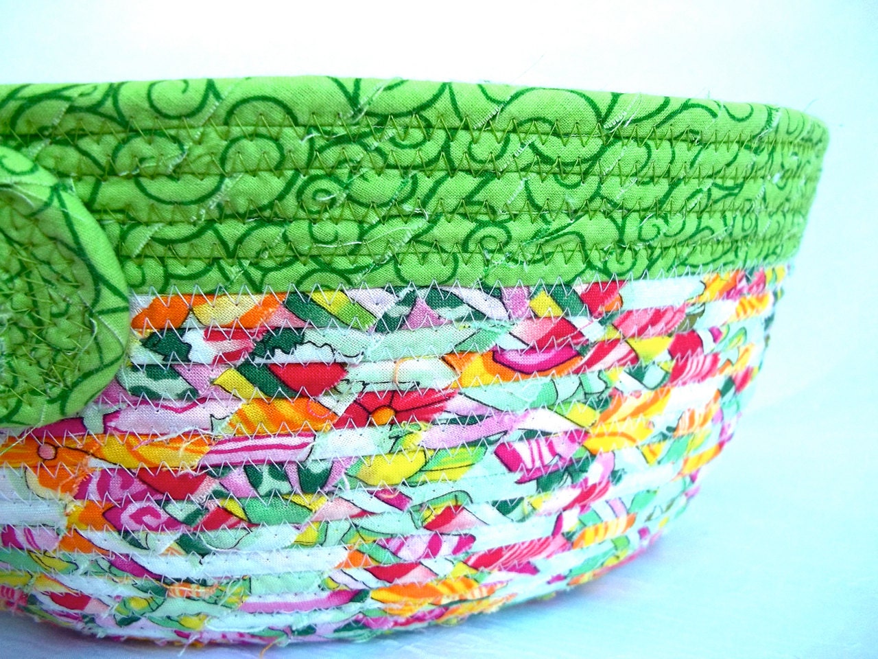 Lime Green Basket, Handmade Spring Fruit Bowl, Napkin Holder, Kitchen Decor, hand wrapped and coiled fabric basket