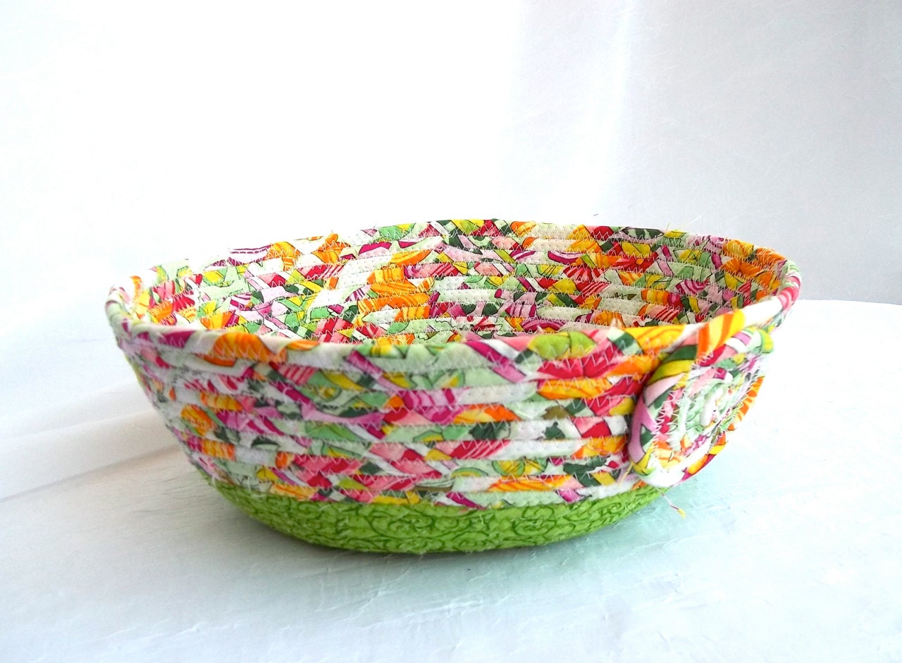 Green Floral Basket, Handmade Spring Fruit Bowl, Napkin Holder, Kitchen Decor, hand wrapped and coiled fabric basket