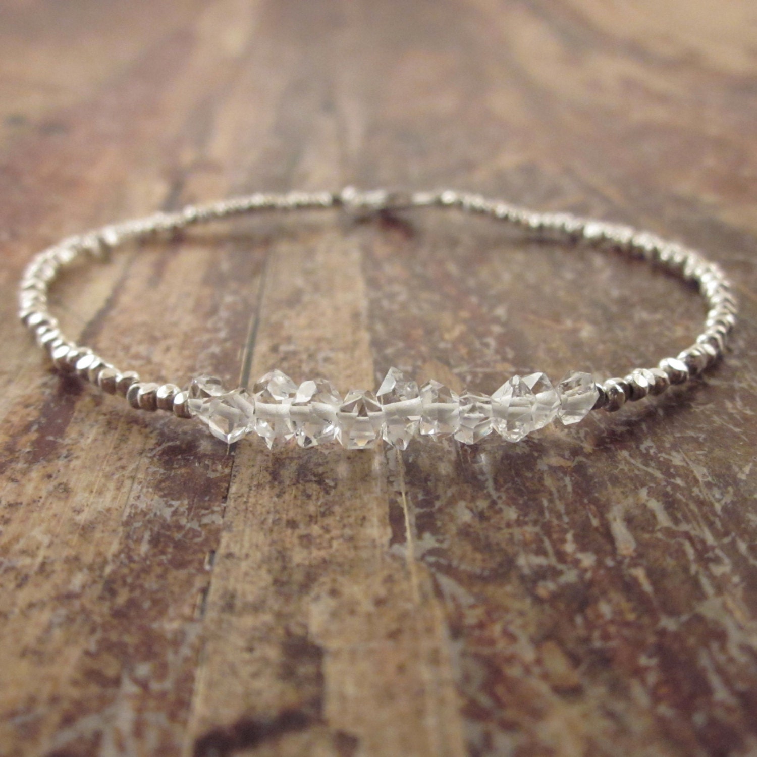 Tiny Herkimer Diamond Bracelet with Karen Hill Tribe Silver Beads