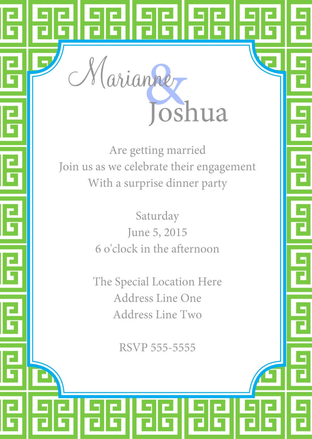 Greek Key Lime and Blue Printable Wedding Invitation