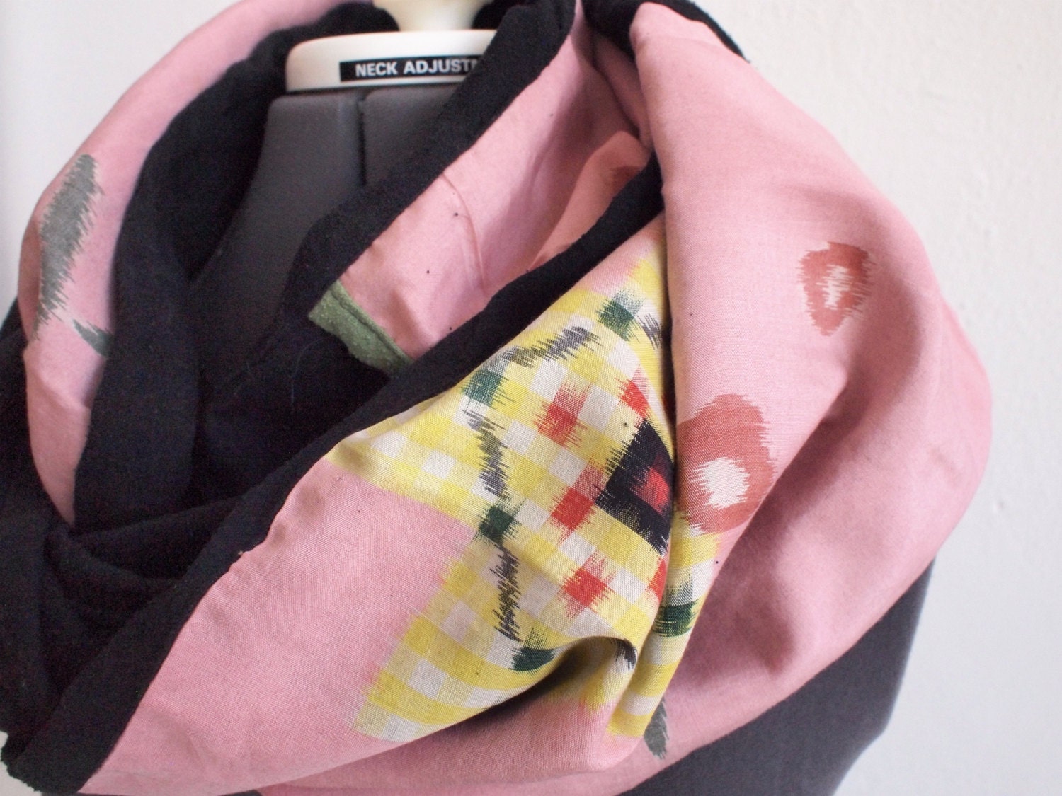 Vintage Ikat Silk Kimono, Repurposed with Hand Dyed Raw Silk - Infinity Scarf