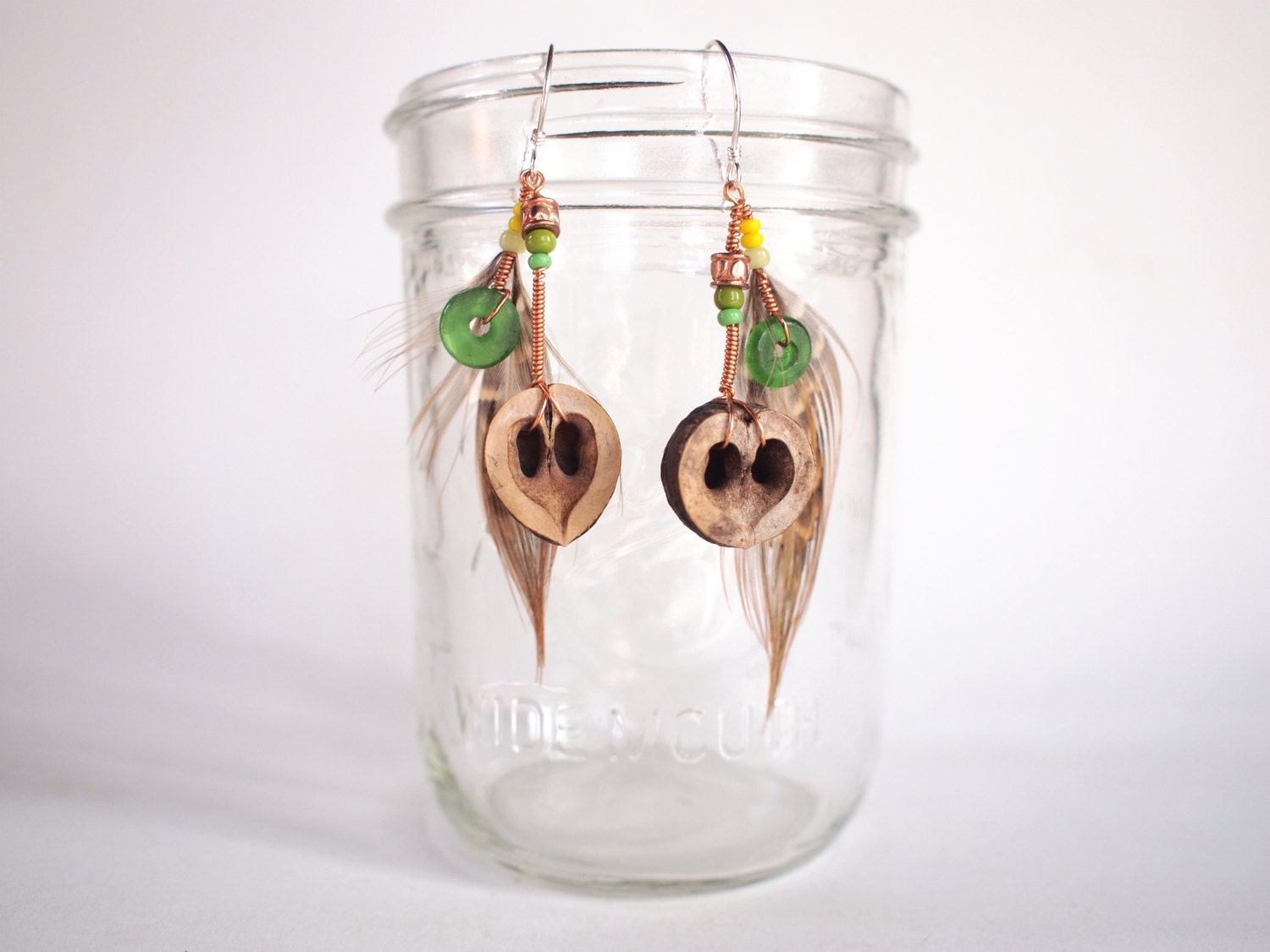 Heart of the Earth - Black Walnut Seed Pod, Glass Beads & Feathers - Gypsy Earrings
