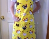 Full Apron in Yellow Chicken Fabric with Pocket and Black Ties