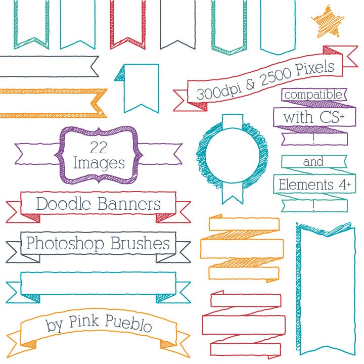 Doodle Banners Photoshop Brushes, Doodle Frame Ribbon Header Photoshop Brush - Commercial and Personal Use