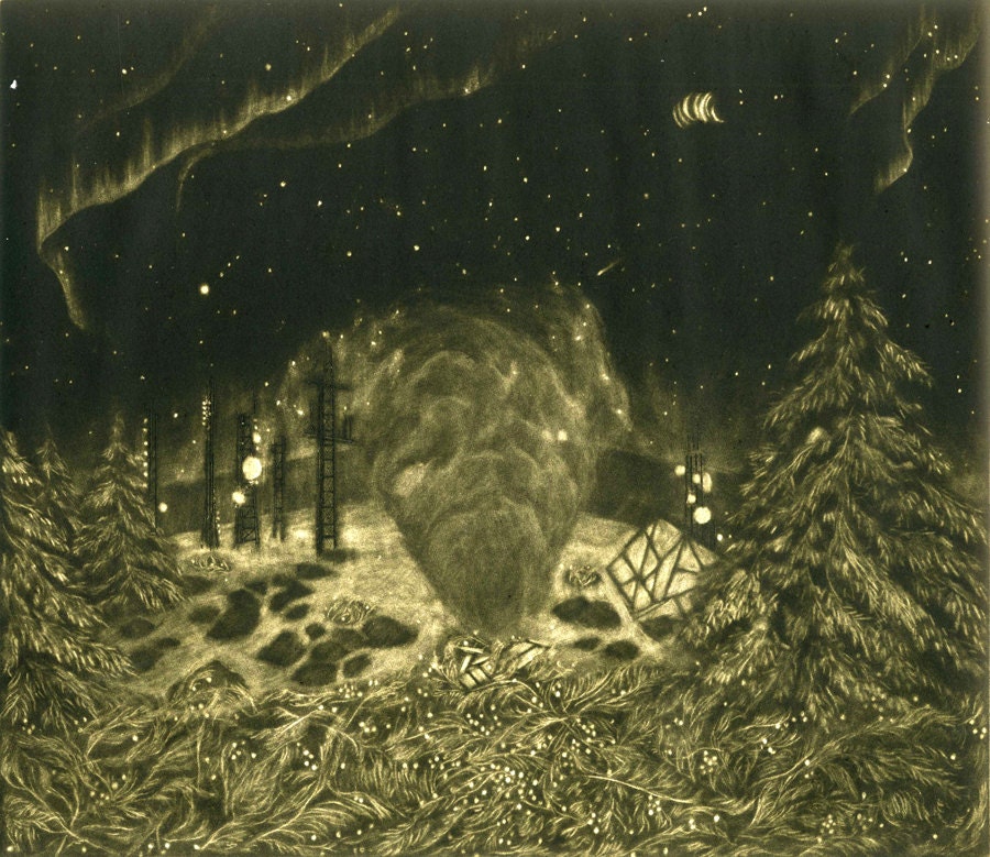 Up the Hill, Looking for the Comet- Mezzotint