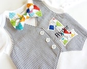 Black Striped Seersucker First Birthday Argyle Applique Tuxedo Onesie Vest with Removable Matching Bow Tie