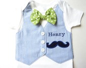 Mustache Bash Birthday Boy Navy Blue Seersucker Tuxedo Onesie Vest with Matching Bow Tie