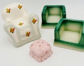 Retro S/P shakers Salt & pepper porcelain 3 compfy chairs and 1 footstool green white flowers Japan and Frizzell 1987 vintage miniatures