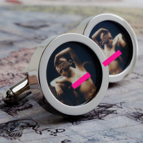 Erotic Vintage Nude Cuff Links, 1920s Woman with Headband Mature