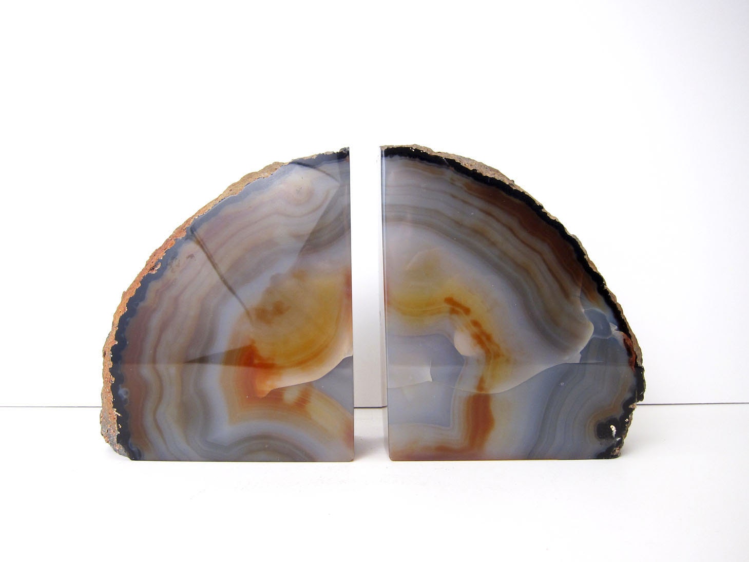 Vintage Agate Geode Bookends Sculptures - Stunning Gemstone Rock Midcentury Mantel Table Sculpture