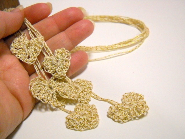Tiny Crocheted Hearts, Gold Sparkle Wedding Decor, Six Heart Motifs, Romance, Love, Cottage Chic, Miniature Handmade Hearts