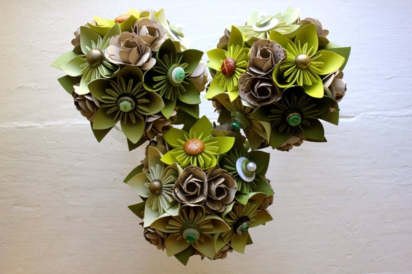 Paper Flower Bouquet, 3 Bridesmaid Bouquets, Wedding, Green, Kusudama, Music Note Rose