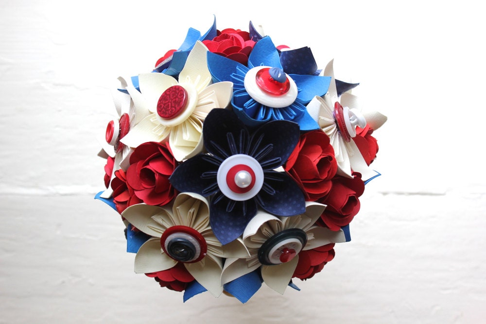 Paper Flower Bouquet, Wedding, Red, Blue, White, Kusudama, Rose