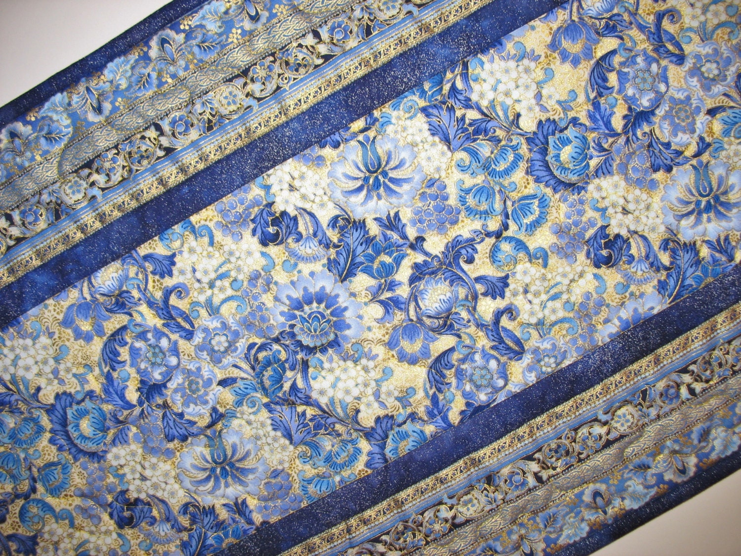 Elegant Table Runner in gorgeous blues quilted  fabric from Robert Kaufman and Timeless Treasures
