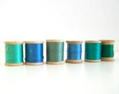 Vintage Wooden Spools of Thread Blue Green Collection