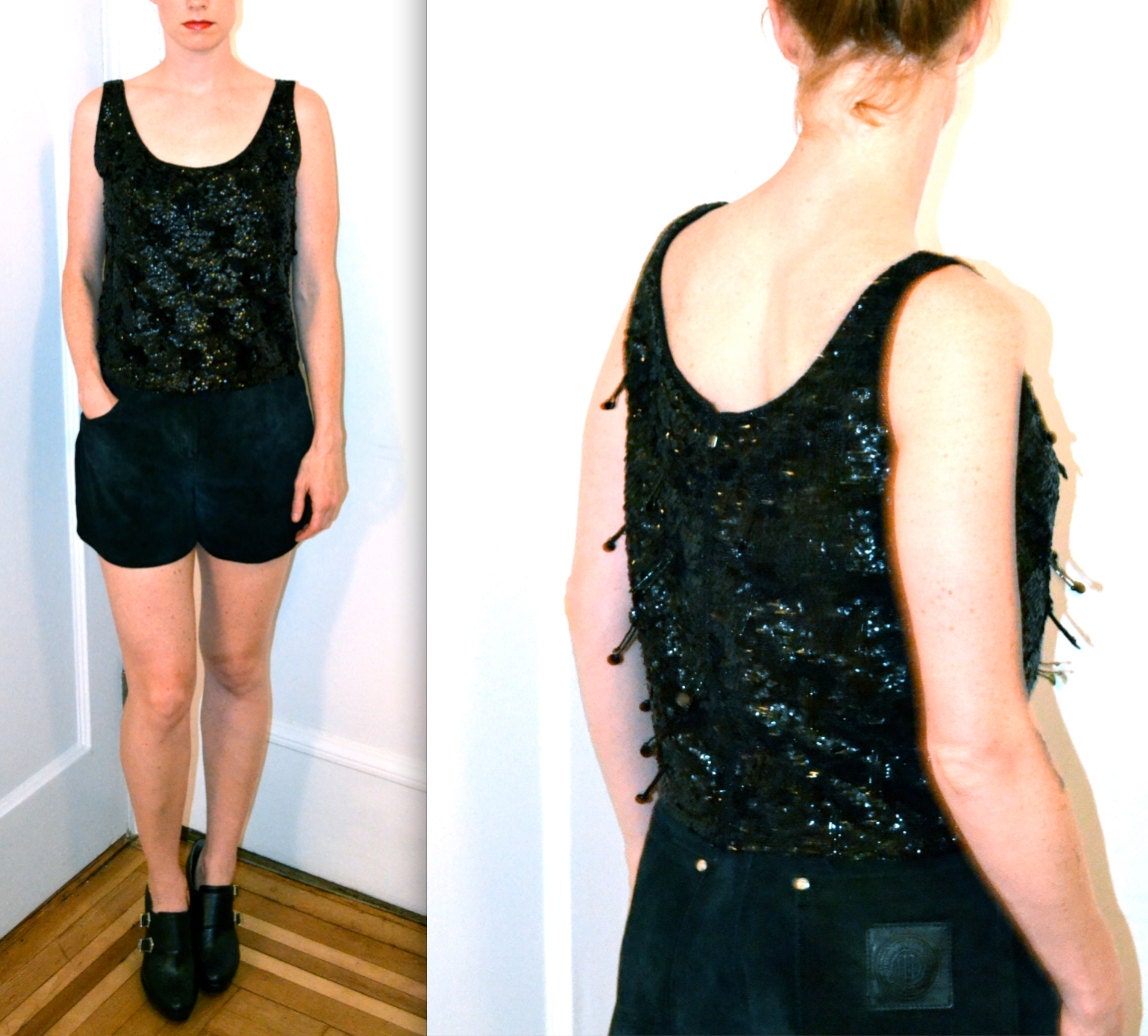 Vintage 60s Black Sequin Top Size Medium/ Black Fringe Sequin Shell
