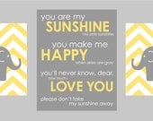 Yellow and Gray Modern Nursery Prints  - Elephant Chevron and You are my Sunshine - Set of three - one 11"x14" and two 8"x10" prints