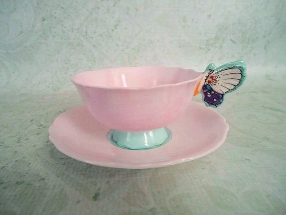 Pink Paragon Butterfly Handle Teacup Set - Vintage Pink Paragon Tea Cup and Saucer Set