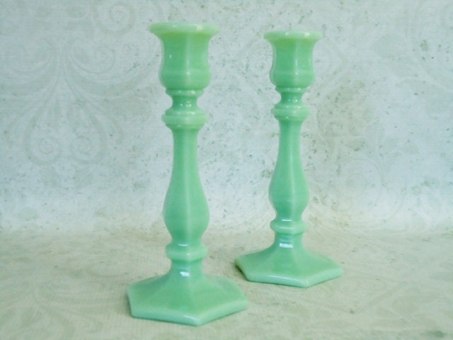 RESERVED Jadite Glass Candle Holders - Vintage Jadeite Milk Glass Candle Sticks