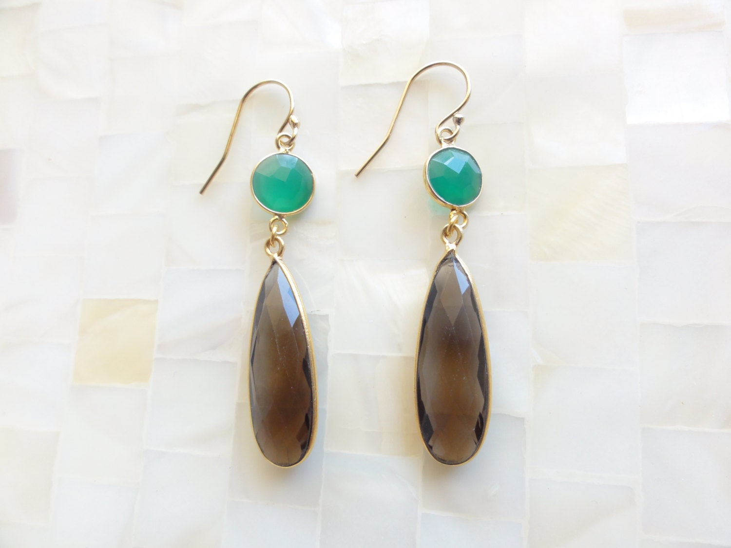 Faceted Green Onyx Vermeil Bezel Connectors & Smoky Quartz Vermeil Bezel Drop Dangle Earrings (E1216)