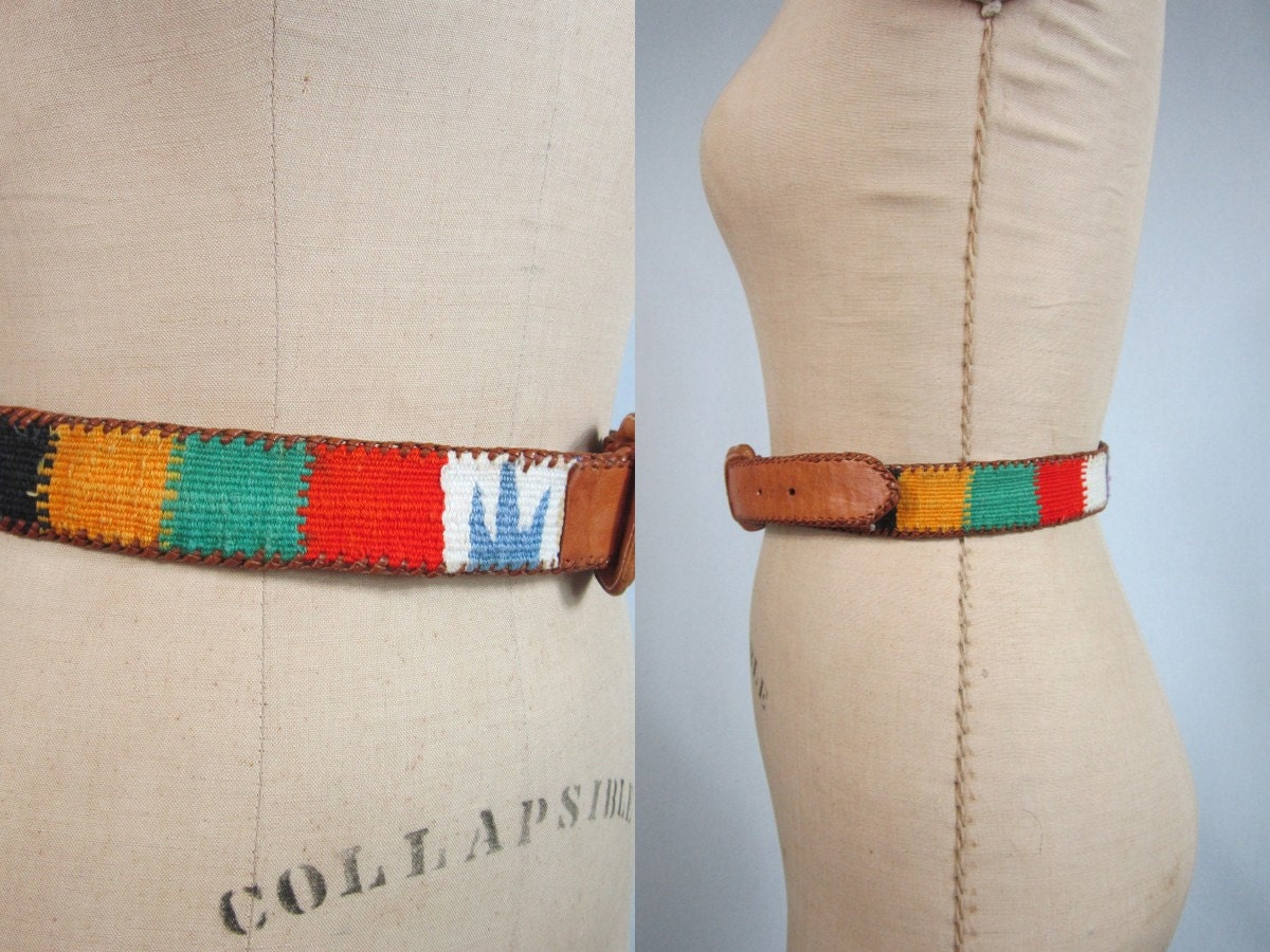 80s Guatemalan Ethnic Cloth and Leather Braided Belt Size Medium