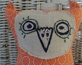 little owl orange hand printed one of a kind pillow stuffie