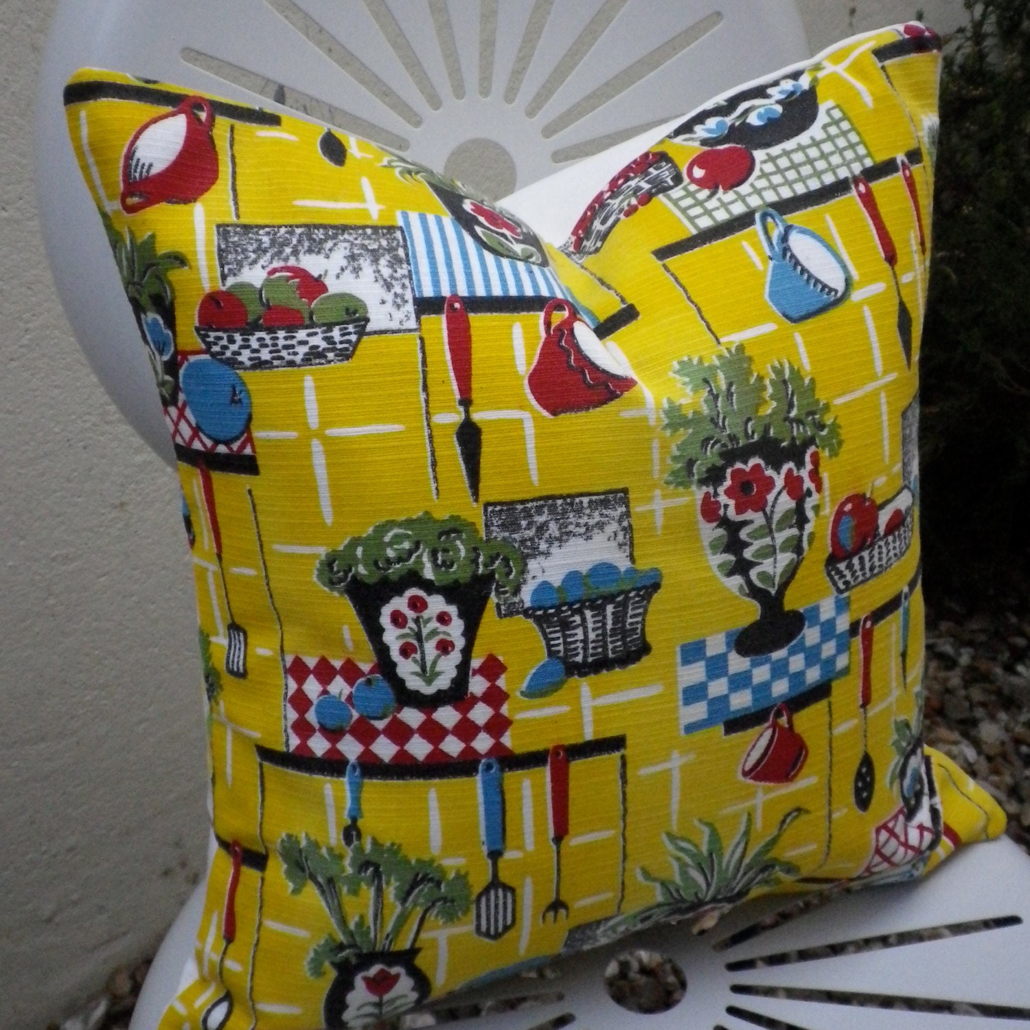 Vintage 1950s Kitchen Cups Utensils Yellow Kitsch Cushion Pillow