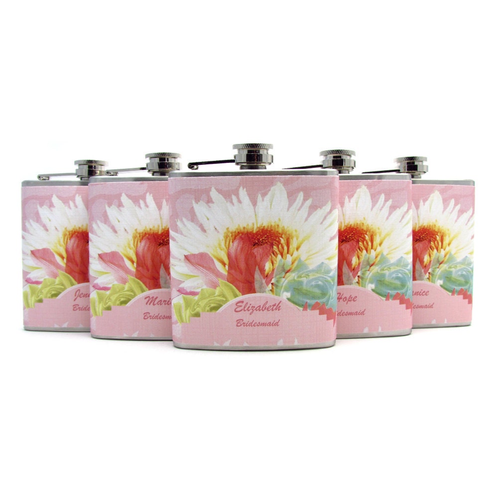 Art Deco Floral Flasks for Bridesmaids 1920s Wedding Favor 6oz and 8oz Sizes
