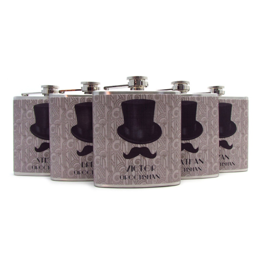 Roaring 20s Debonair Mustache Man with Top Hat Wedding Favor Flasks for Groomsmen Best Man Art Deco