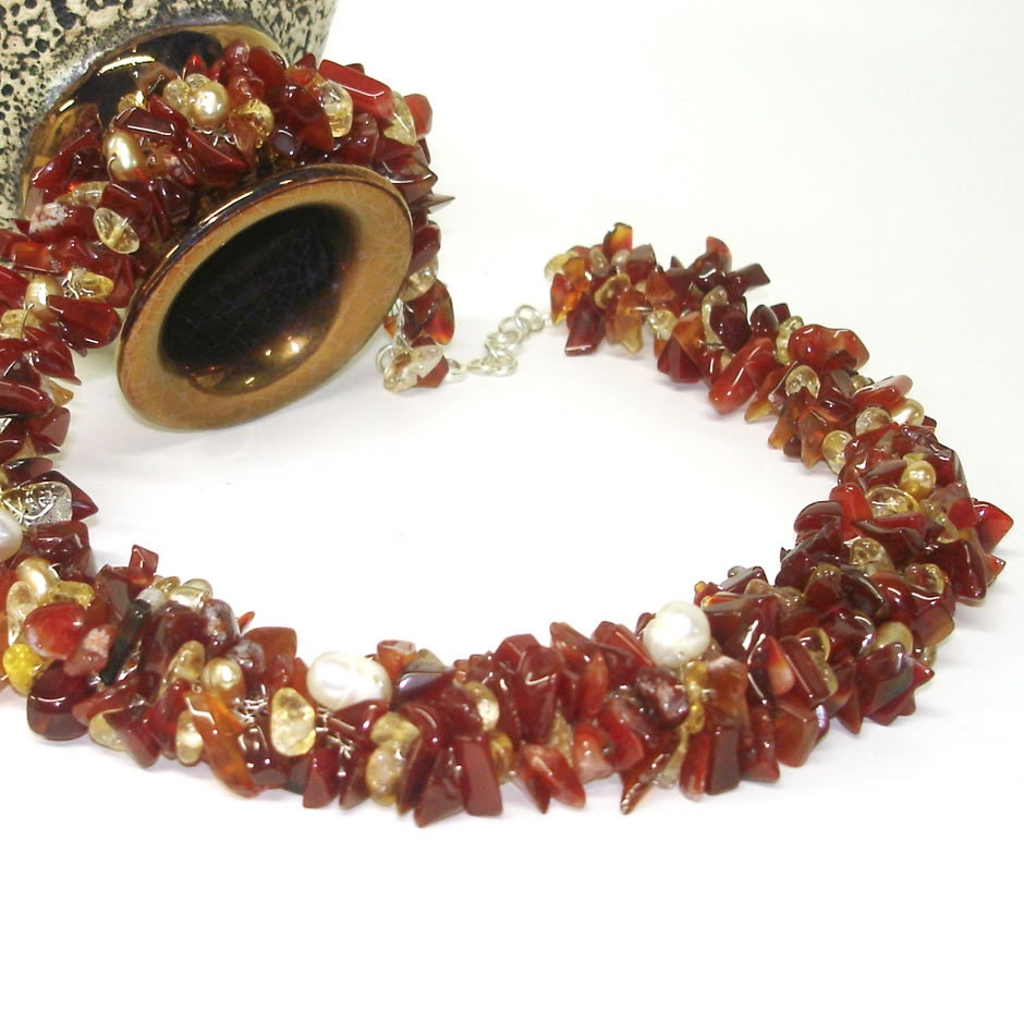 Earthy Crochet Knitted Lace Necklace, Silver Wire, Carnelian Citrine Freshwater Pearl, Natural fashion, Spring wedding accessories