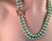 Vintage Light Green Pearl and Butterfly Necklace