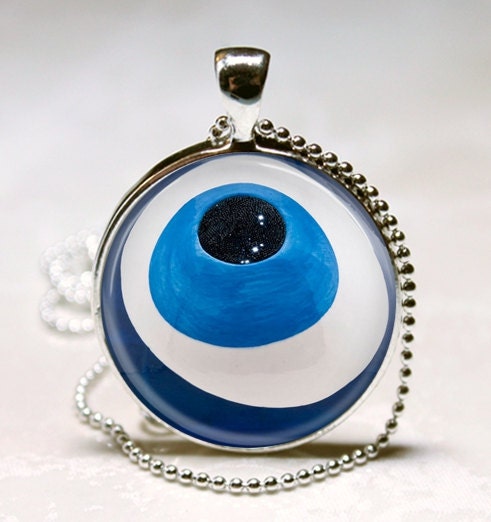 Evil Eye Necklace Talisman Good Luck Charm Glass Bezel Pendant with Ball Chain Included (ITEM B016)