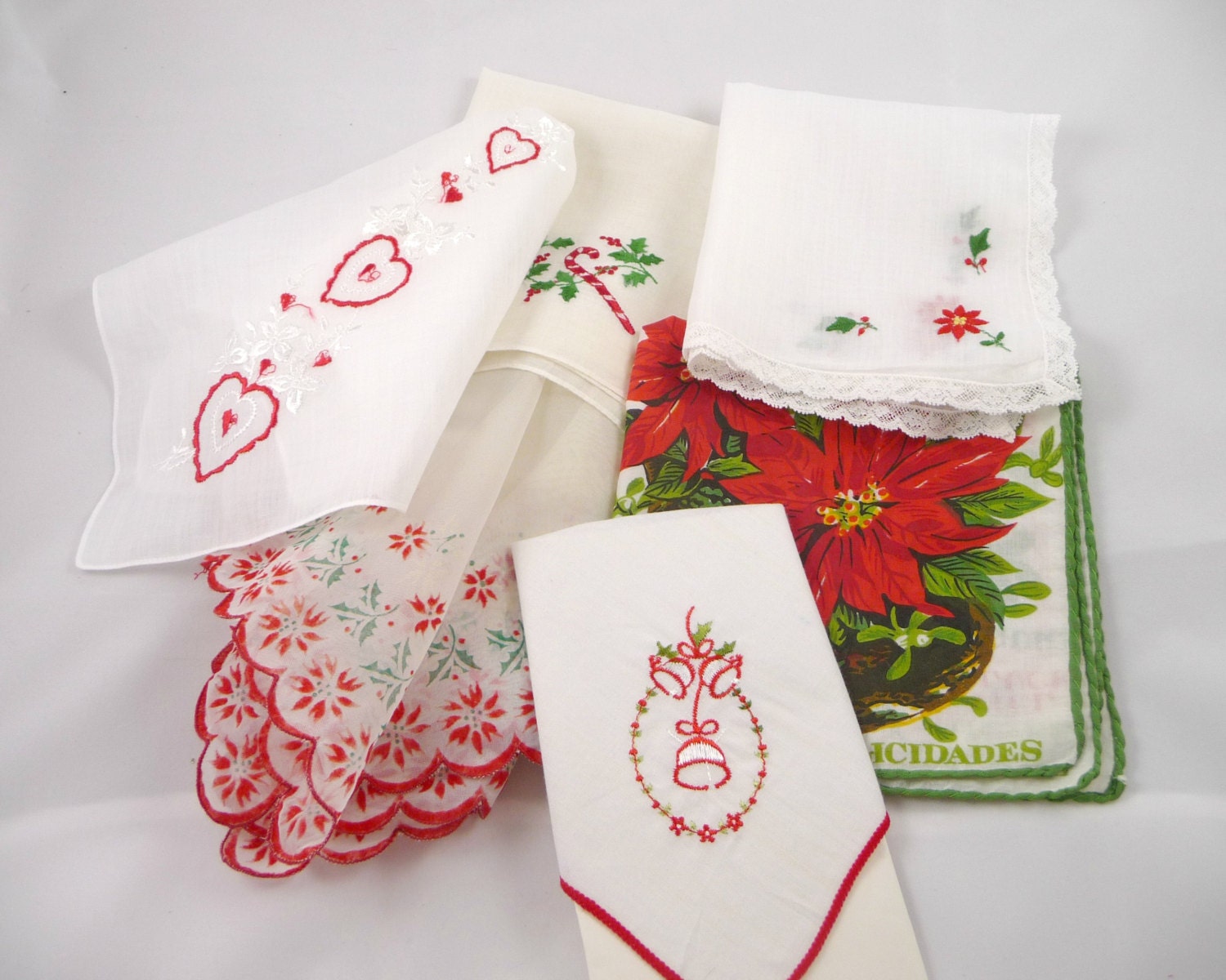 Vintage Christmas Hankies Lot of Six Valentines Day Cotton Embroidered Nylon Holiday Excellent Condition