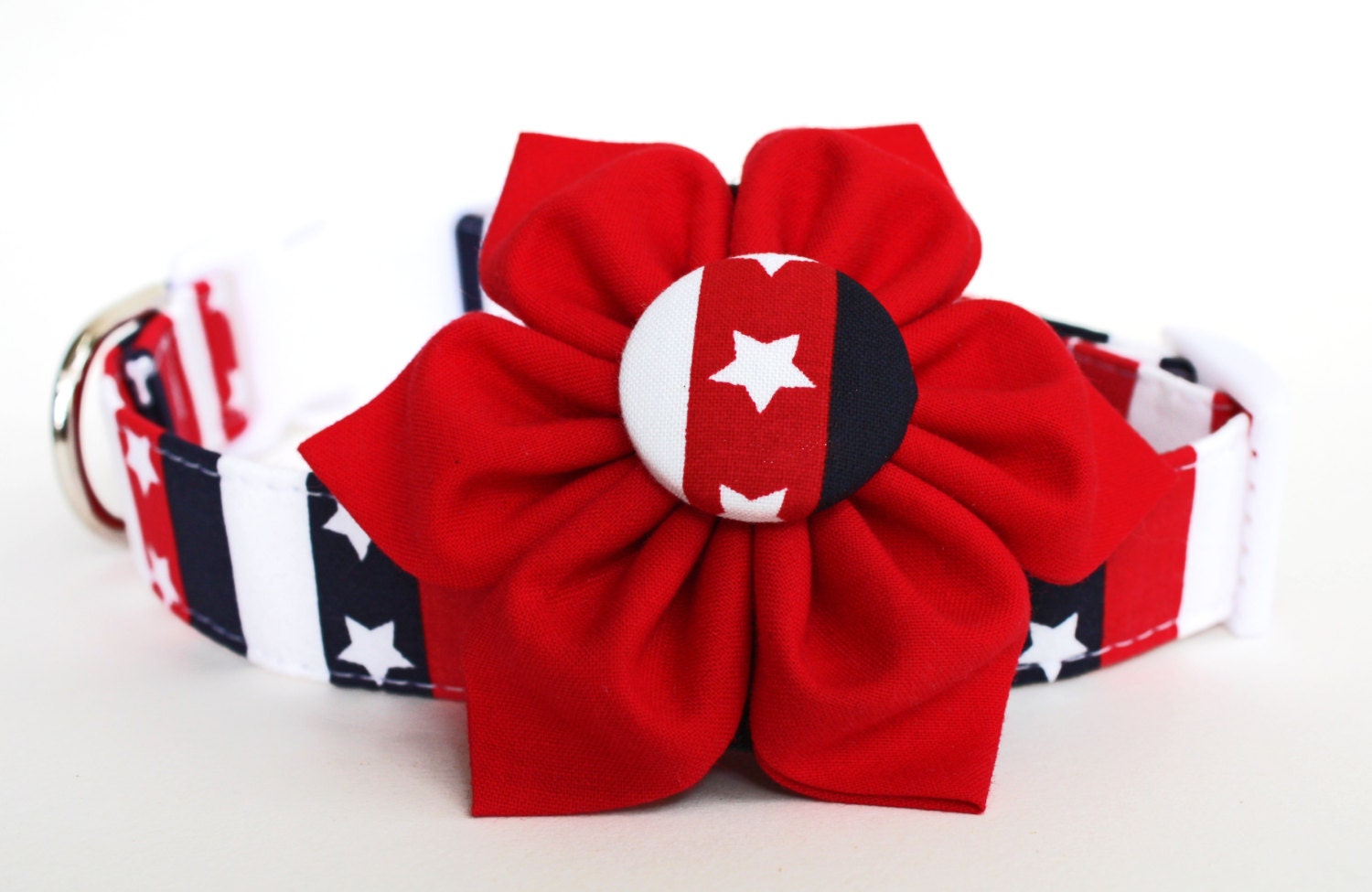Americana Retro Stars & Stripes Dog Collar and Flower Set - Patriotic 4th of July Dog Collar and Flower