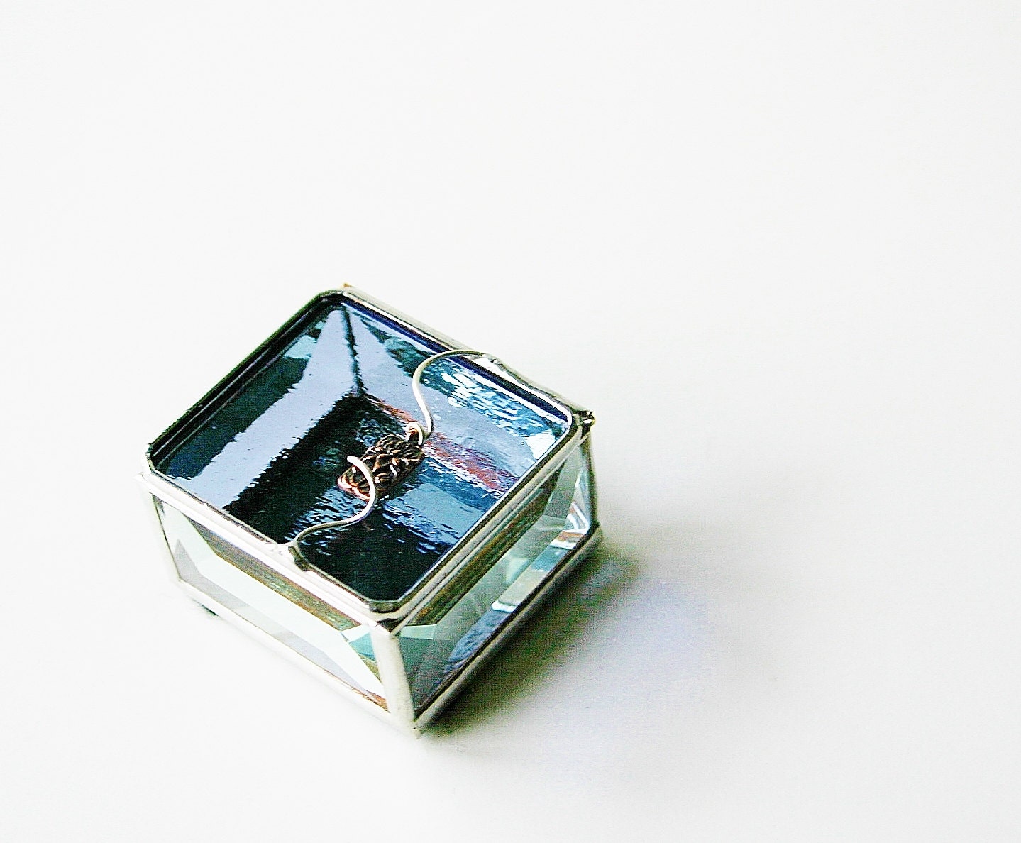 Stained Glass Jewelry Box Periwinkle Purple Blue 2x2 Engagement Ring Box w/ Lotus Flower Wedding Ceremony Handmade