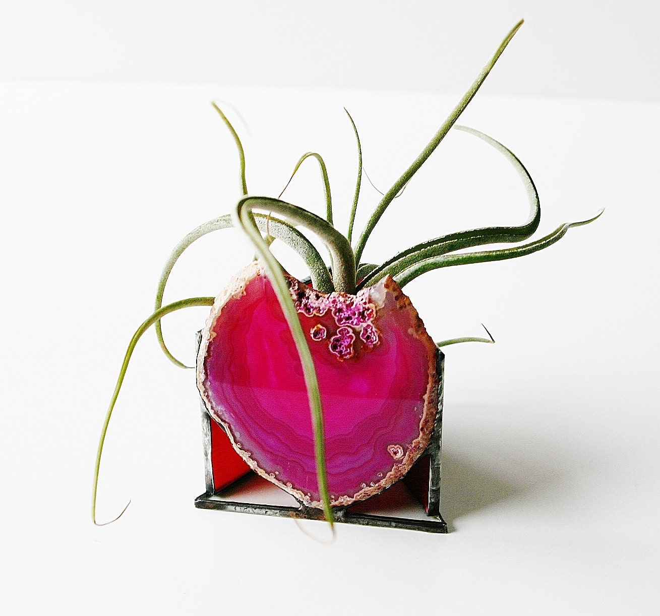 Stained Glass Air Plant Holder Terrarium Fuschia Pink Crystal Agate Home Decor Handmade OOAK