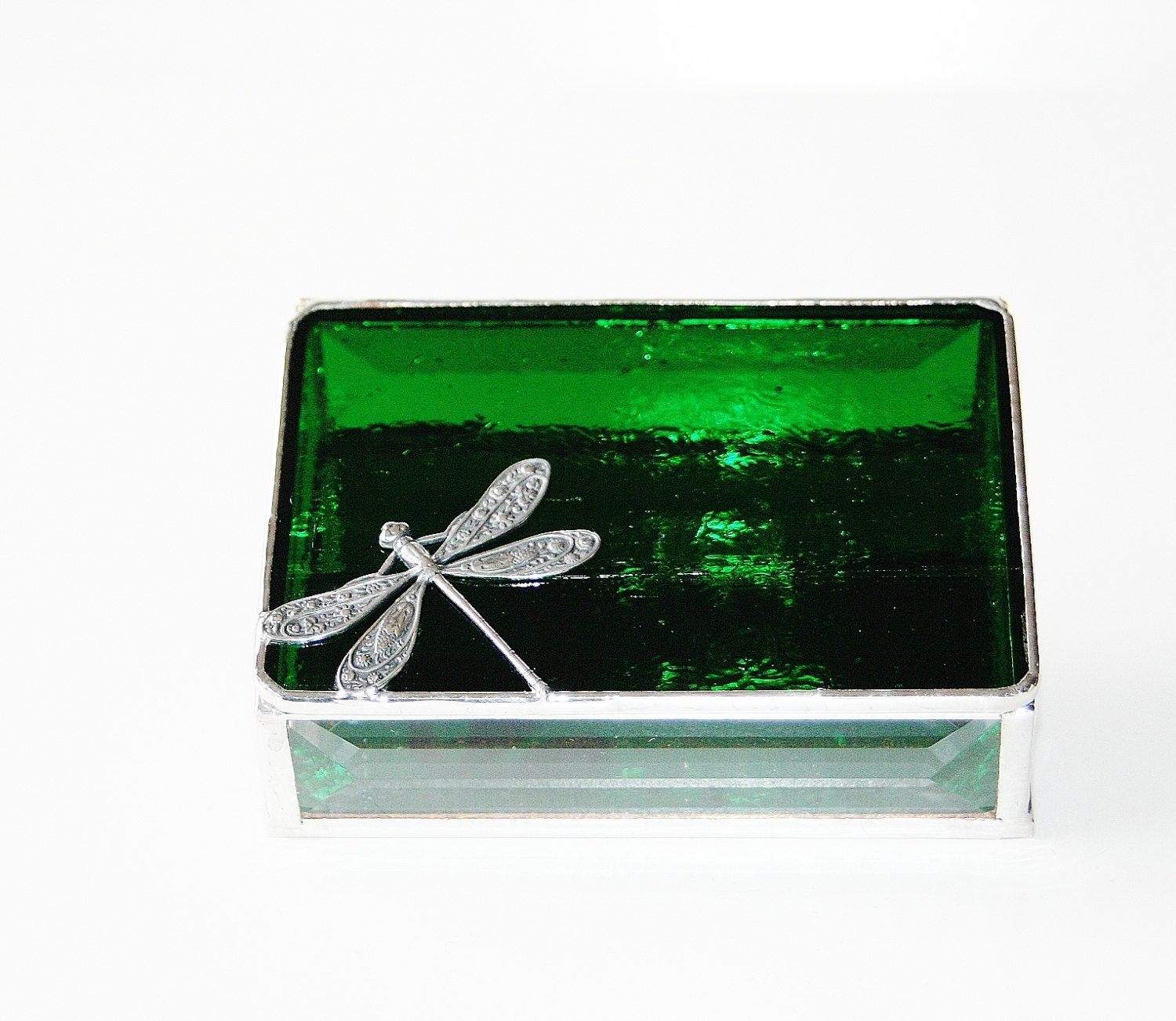 Stained Glass Box Emerald Green 3x4 w/ Floral-stamped Dragonfly Hand-crafted OOAK