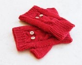 Cherry Red Owl Fingerless Mittens in all natural Wool Alpaca