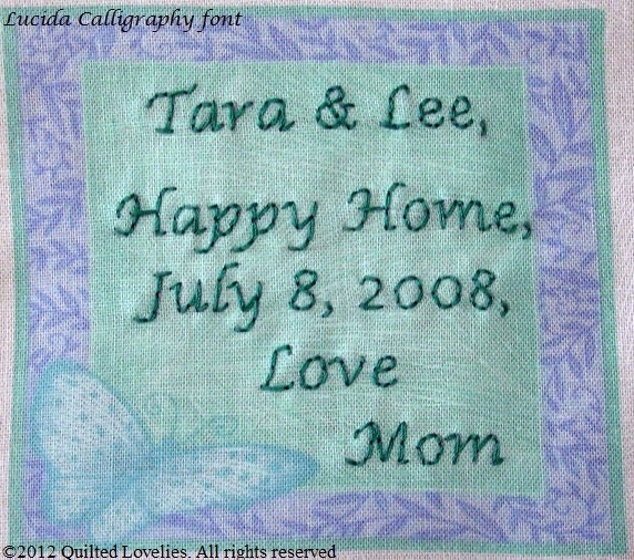 Quilt Label - Turquoise Butterfly With Lavender Frame, Custom Made & Hand Embroidered